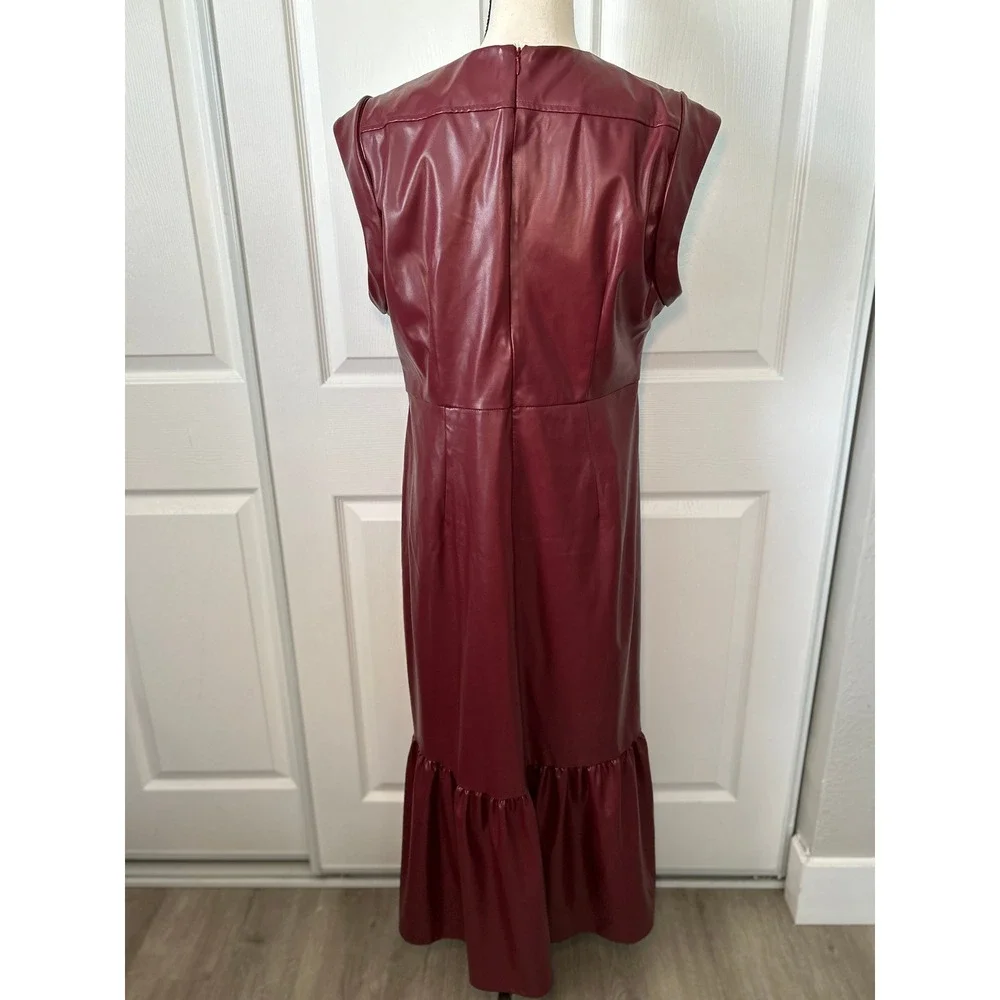 Donna Morgan‎ Faux Leather V-Neck Twist Detail Midi Dress Burgundy Size 14 - Picture 5 of 8
